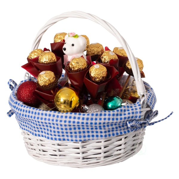Wickerwise White Round Willow Gift Basket with Blue and White Gingham Liner and Sturdy Foldable Handles, Small QI004620.BL.S - main